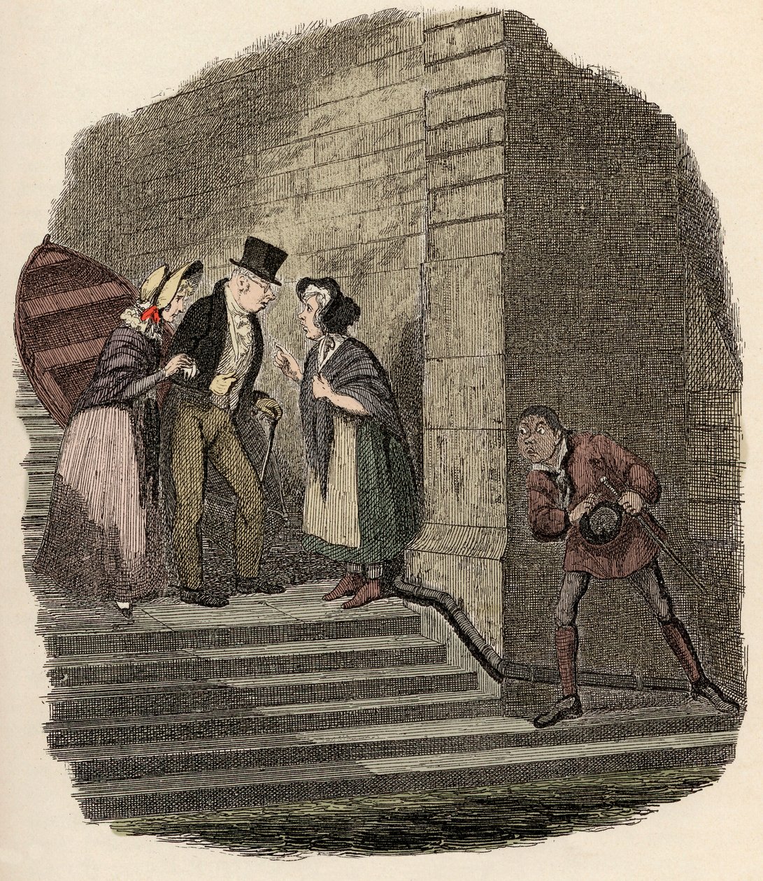 Noe Claypole spionerer på den hemmelige avtalen mellom Mr. Brownlow, Rose Maylie og Nancy - Møtet - Illustrasjon for "" Oliver Twist"" (Olivier) (The Adventures of Oliver Twist) av Charles Dickens (1812-1870), av George Cruikshank (1792-1878). av George Cruikshank