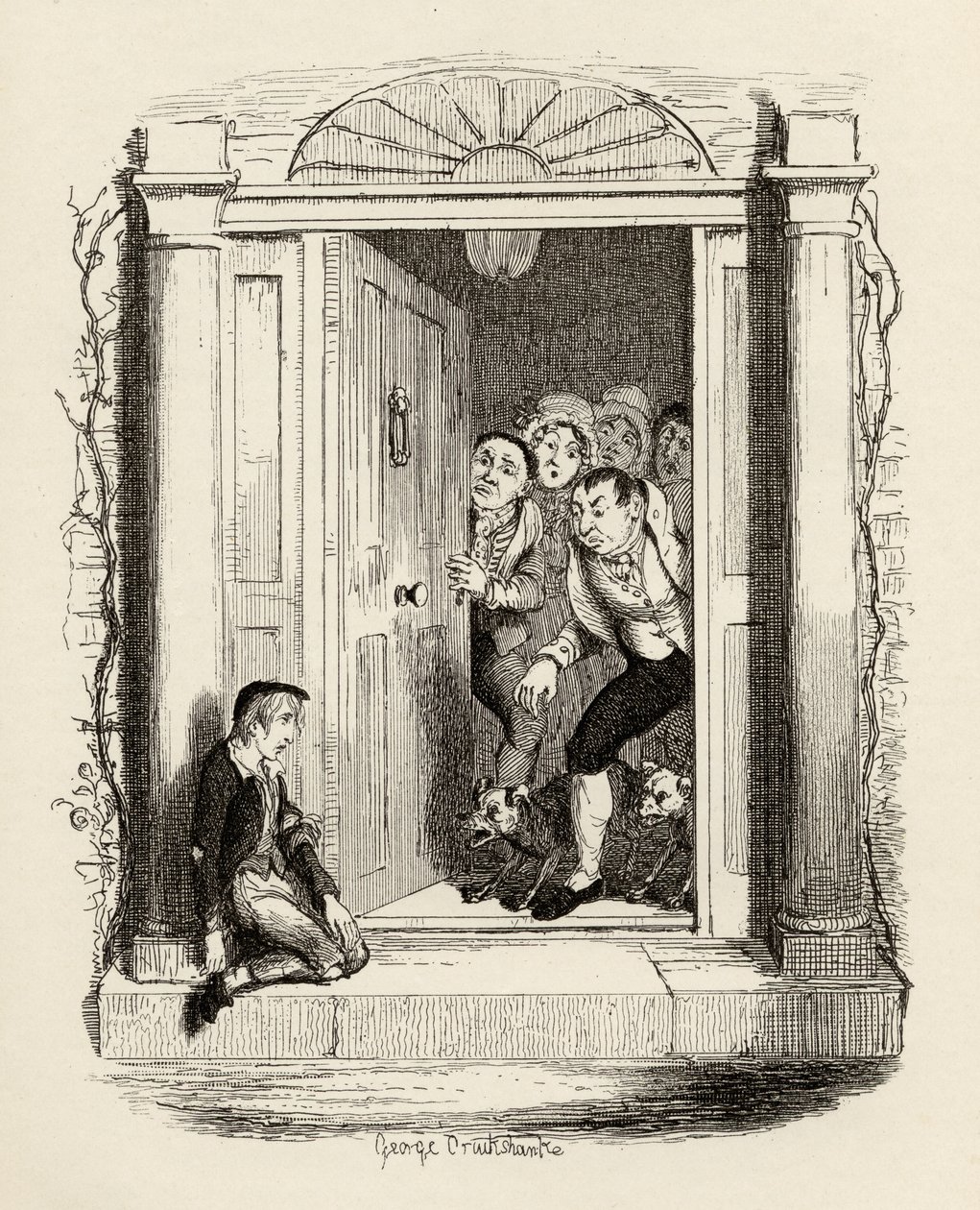 Oliver Twist ved Mrs Maylies dør, fra "The Adventures of Oliver Twist" av Charles Dickens (1812-70) 1838, utgitt av Chapman und Hall, 1901 av George Cruikshank