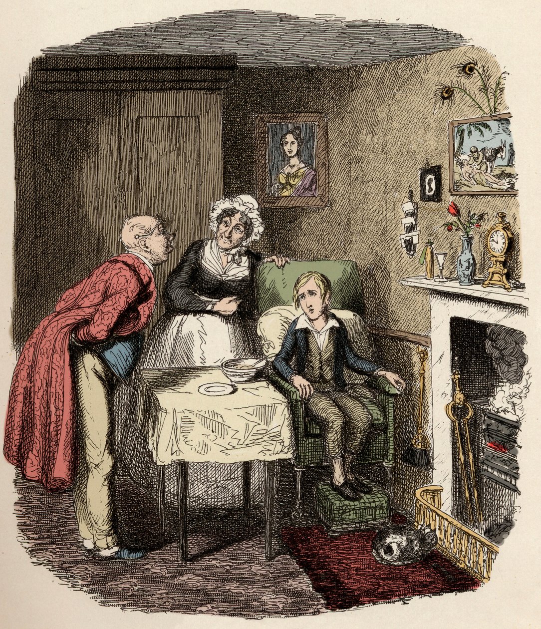 Oliver blir samlet og tatt vare på av Mr. Brownlow og hans husholderske Mrs. Bedwin - Oliver kommer seg etter feberen - Illustrasjon for "" Oliver Twist"" (Oliver) (The Adventures of Oliver Twist) av Charles Dickens (1812-1870), av George Cruikshank (1792- av George Cruikshank