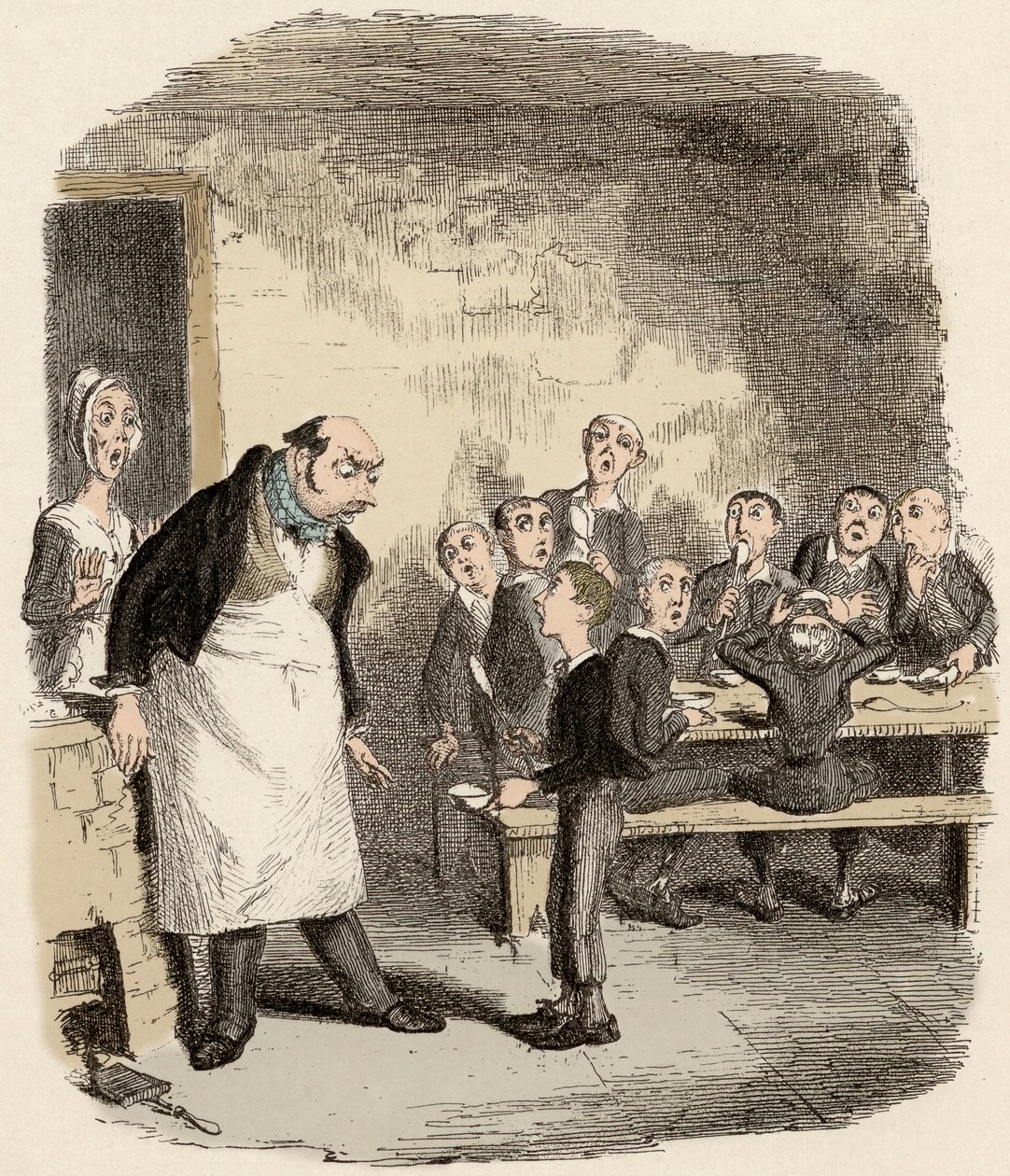 Oliver er designet for å be om ekstra mat fra veilederen for Young Children's Hospice - Oliver ber om mer - Illustrasjon for "" Oliver Twist"" (Olivier) (The Adventures of Oliver Twist) av Charles Dickens (1812-1870), av George Crui av George Cruikshank