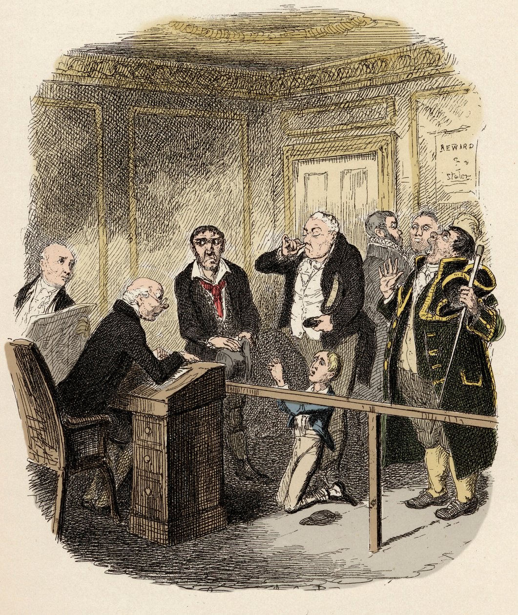 Oliver tryglet barnedommeren om ikke å la ham gå i lære ved Gamfield, skorsteinen - Oliver slipper å bli bundet lærling til feieren - Illustrasjon for Charles Dickens "Oliver Twist" (Oliver) (The Adventures of Oliver Twist) (1812-1870), av av George Cruikshank