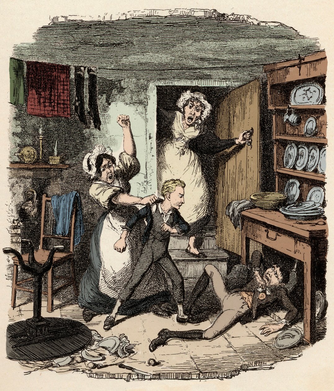 Oliver plukker opp en ånd - Illustrasjon for ""Oliver Twist"" (Olivier) (The Adventures of Oliver Twist) av Charles Dickens (1812-1870), av George Cruikshank (1792-1878) av George Cruikshank