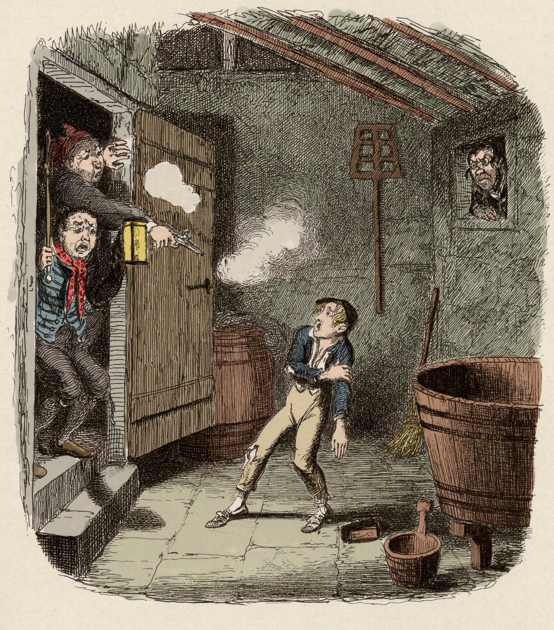Oliver overrasket og såret under innbruddsforsøket - The Burglary - Illustrasjon for "" Oliver Twist"" (Olivier) (The Adventures of Oliver Twist) av Charles Dickens (1812-1870), av George Cruikshank (1792-1878). av George Cruikshank
