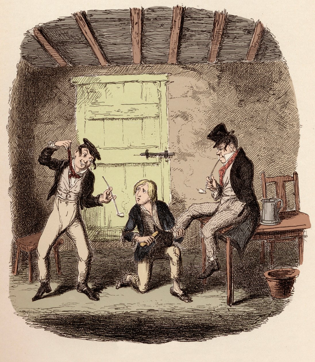 Oliver vokser revens sko mens Charley Bates forklarer farene ved å henge - Master Bates forklarer en profesjonell teknikalitet - Illustrasjon for "Oliver Twist" (Olivier) (The Adventures of Oliver Twist) av Charles Dickens (1812-1870), av George Crui av George Cruikshank