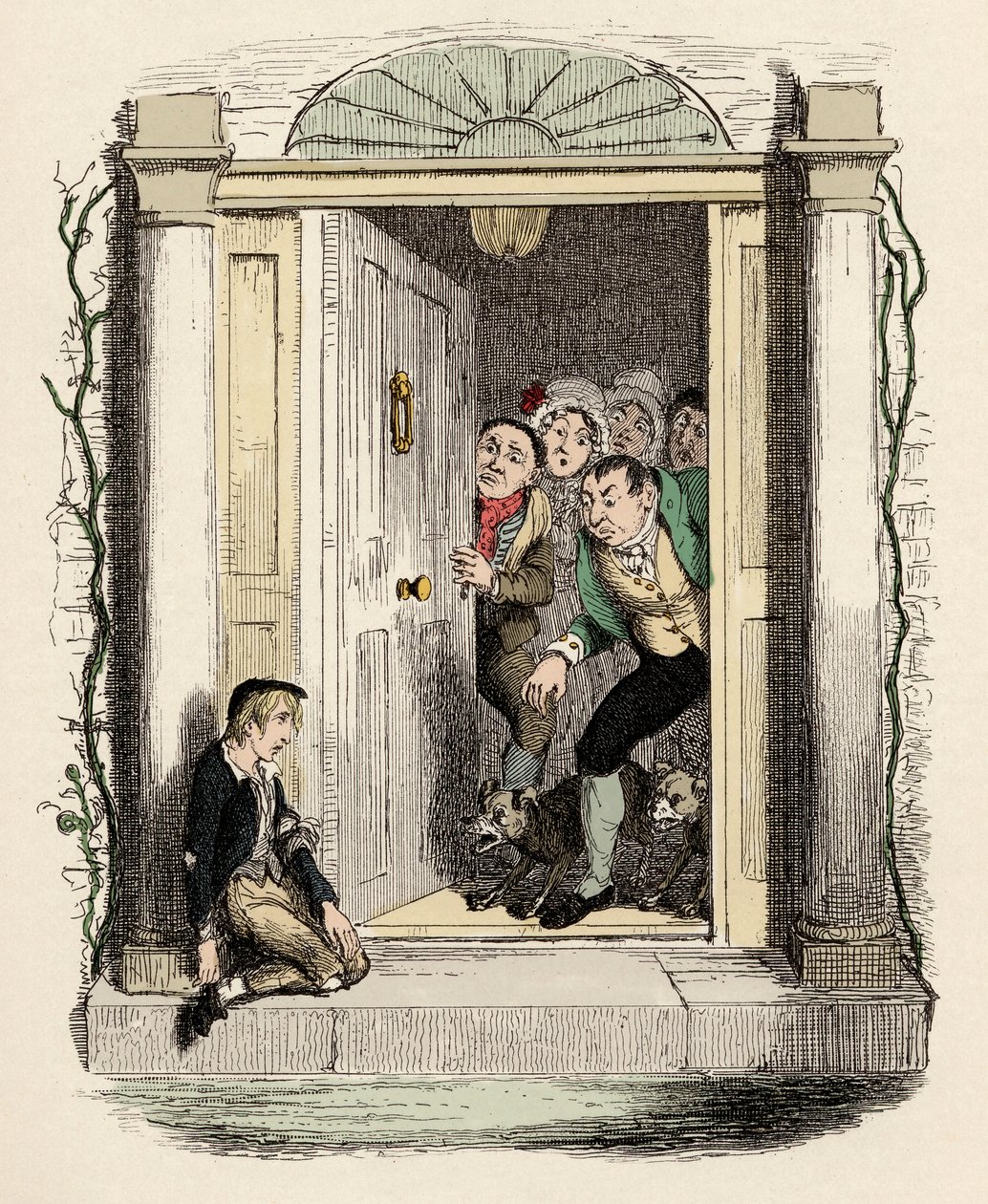 Oliver sår og eksos ber om hjelp - Oliver Twist ved Mrs Maylies dør - Illustrasjon for "" Oliver Twist"" (Olivier) (The Adventures of Oliver Twist) av Charles Dickens (1812-1870), av George Cruikshank (1792-1878) . av George Cruikshank