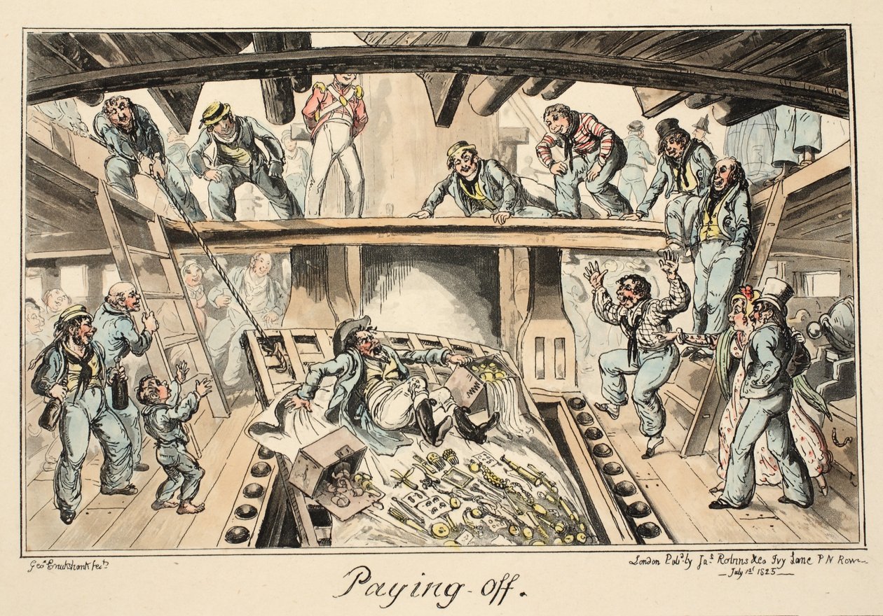 Paying Off, fra Greenwich Hospital, en serie marineskisser, Descriptive of a Life of a Man-of-Wars Man, pub. 1826 (håndfarget gravering) av George Cruikshank