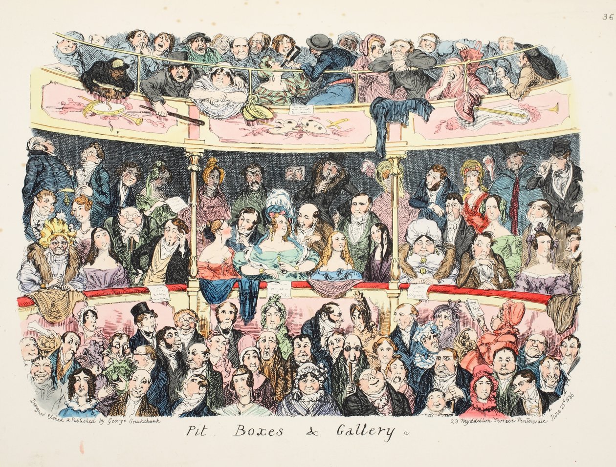 Pit Boxes and Gallery, pub. 1836 (håndfarget gravering) av George Cruikshank