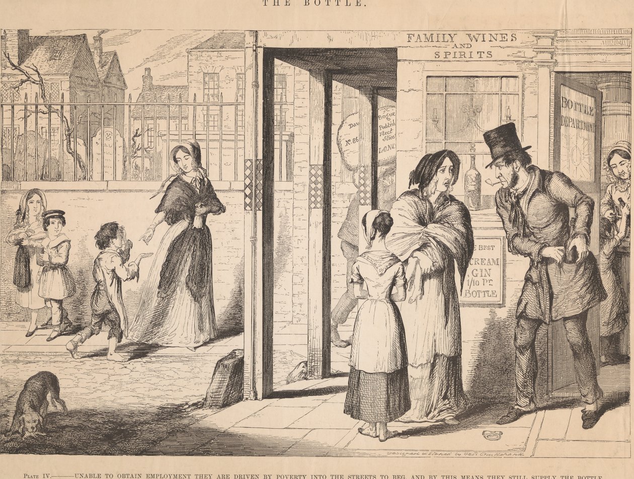 Tavle IV, ute av stand til å få arbeid blir de drevet av fattigdom ut i gatene for å tigge av George Cruikshank