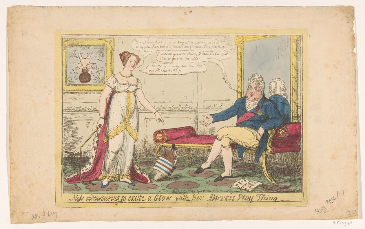 Prinsesse Charlotte lekte med sin nederlandske snurrevad, 1814 Frøken prøver å begeistre en glød med sin nederlandske lekesak (tittel på objekt) av George Cruikshank