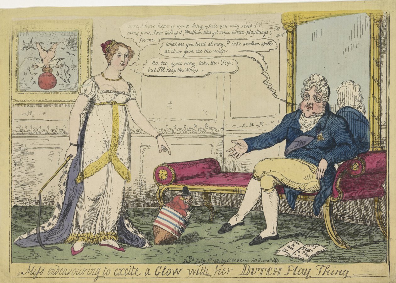 Prinsesse Charlotte lekte med sin nederlandske snurretopp, 1814 Frøken prøver å begeistre en glød med sin nederlandske lekesak (tittel på objekt) av George Cruikshank