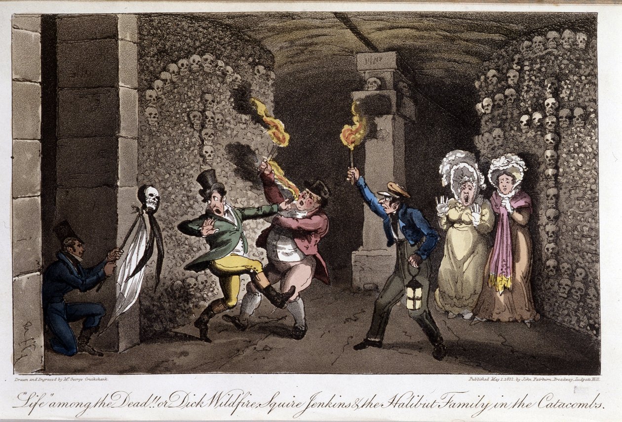 Promenade dans les catacombes - i "" Life in Paris"" av David Carey, ill. av George Cruikshank, red. Fairburn, London av George Cruikshank