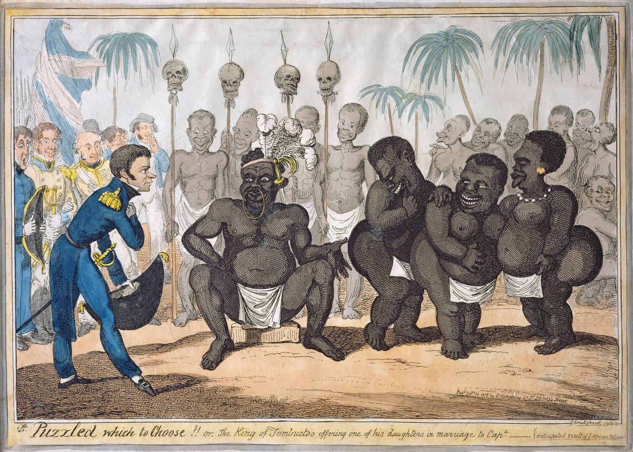 "Forvirret hvilken du skal velge!!, eller The King of Tombuctoo som tilbyr en av sine døtre i ekteskap med kaptein", etter kaptein E. Judel, pub. av G. Humphrey av George Cruikshank