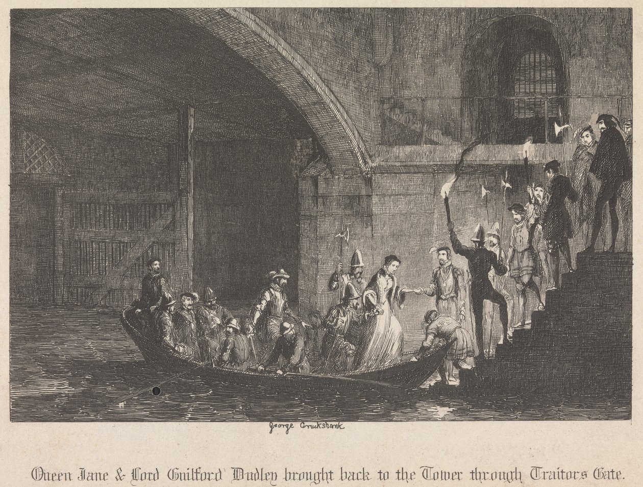 Dronning Jane og Lord Guilford Dudley brakt tilbake til tårnet gjennom Traitors Gate av George Cruikshank