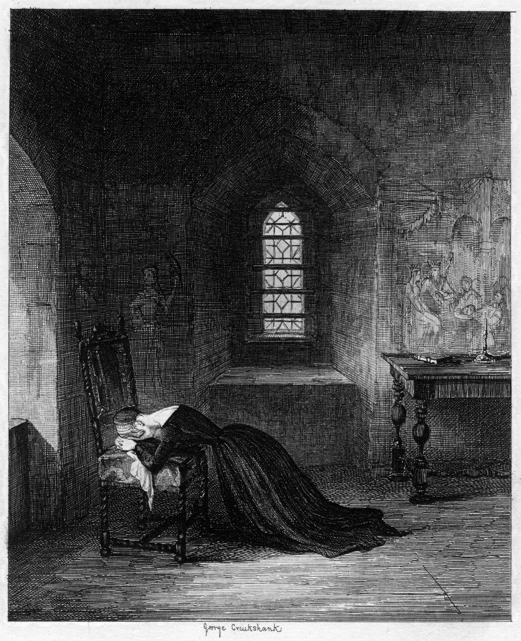 Dronning Jane fengslet i Brick Tower, Tower of London, 1553-1554 1840. av George Cruikshank
