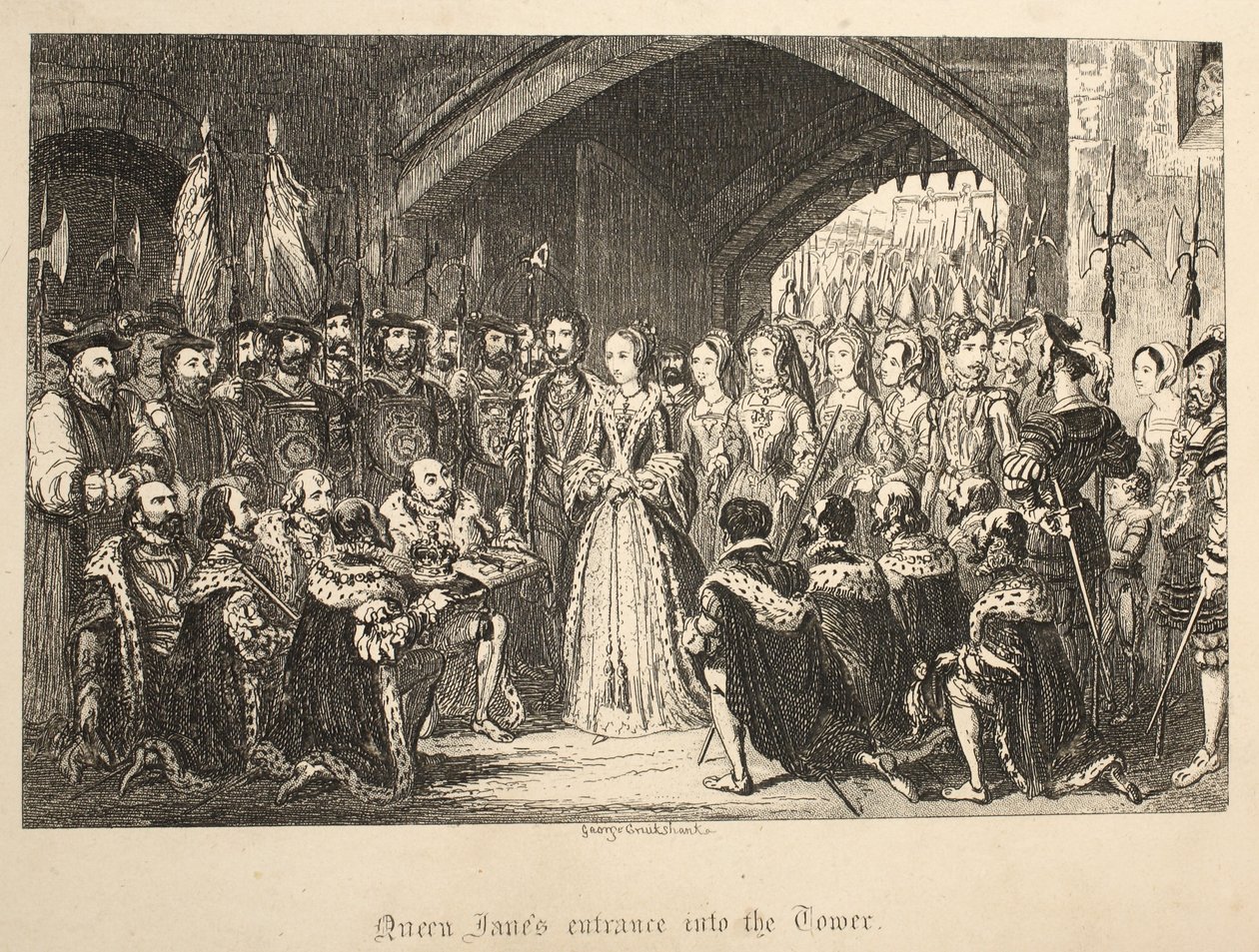 Queen Janes Entrance into the Tower, fra The Tower of London, pub. 1840 av George Cruikshank