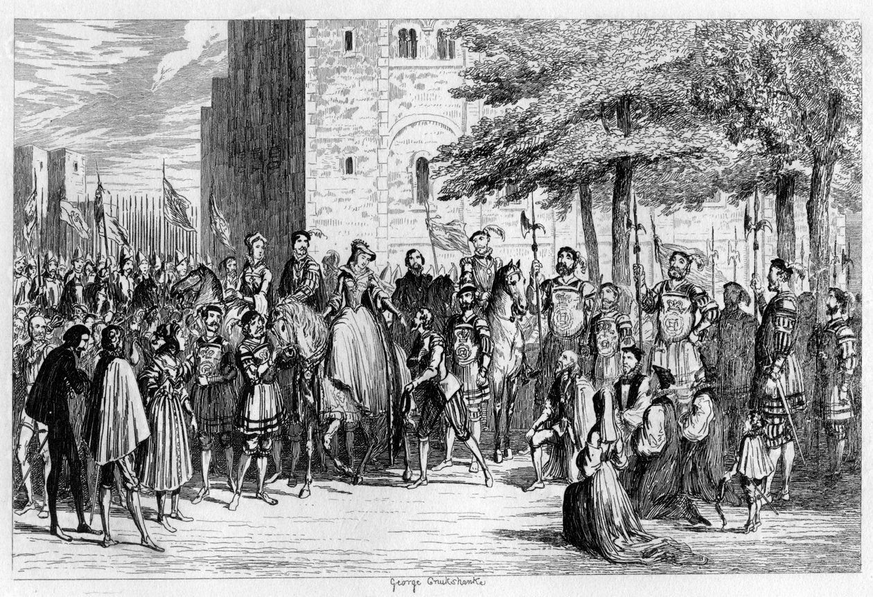 Queen Mary tar imot fangene på Tower Green, 1553 1840 av George Cruikshank