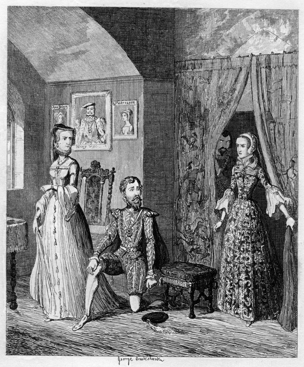 Dronning Mary overrasket Courtenay og prinsesse Elizabeth, 1553-1555 1840 av George Cruikshank
