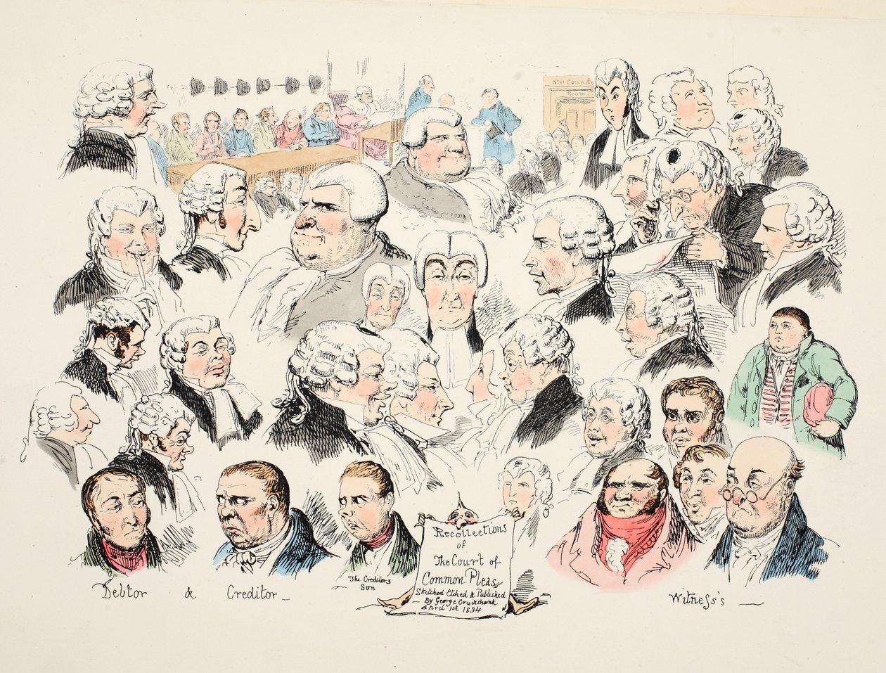 Erindringer fra Court of Common Pleas, pub. 1834 (håndfarget gravering) av George Cruikshank
