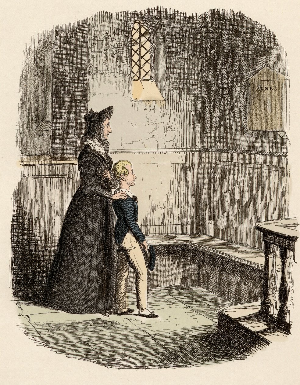 Rose Maylie og Oliver foran minnetavlen til Agnes, deres søster og mor - Rose Maylie og Oliver - Illustrasjon for "" Oliver Twist"" (Olivier) (The Adventures of Oliver Twist) av Charles Dickens (1812-1870), av George Cruikshank (179 av George Cruikshank