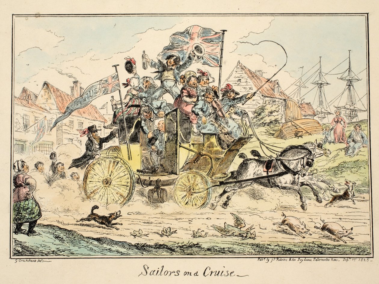 Sailors on a Cruise, fra Greenwich Hospital, en serie marineskisser, Descriptive of a Life of a Man-of-Wars Man, pub. 1826 (håndfarget gravering) av George Cruikshank