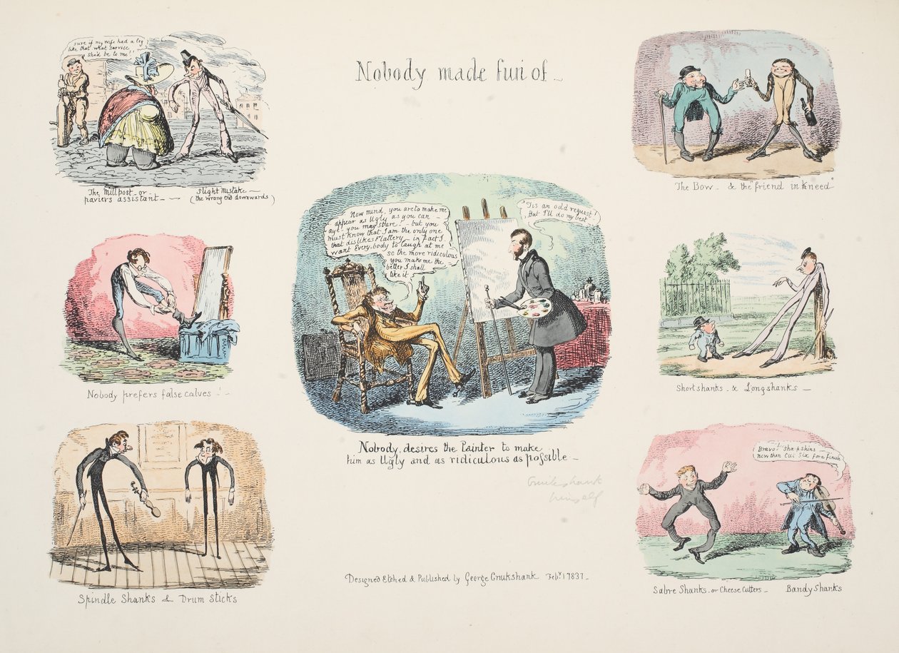 utklipp og skisser; Ingen gjorde narr av, pub. 1831 (håndfarget gravering) av George Cruikshank