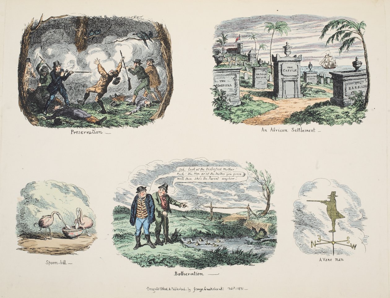 Utklipp og skisser: Preservation, An African Settlement, Spoon-bill, Botheration, A Vane Man, pub. 1831 (håndfarget gravering) av George Cruikshank