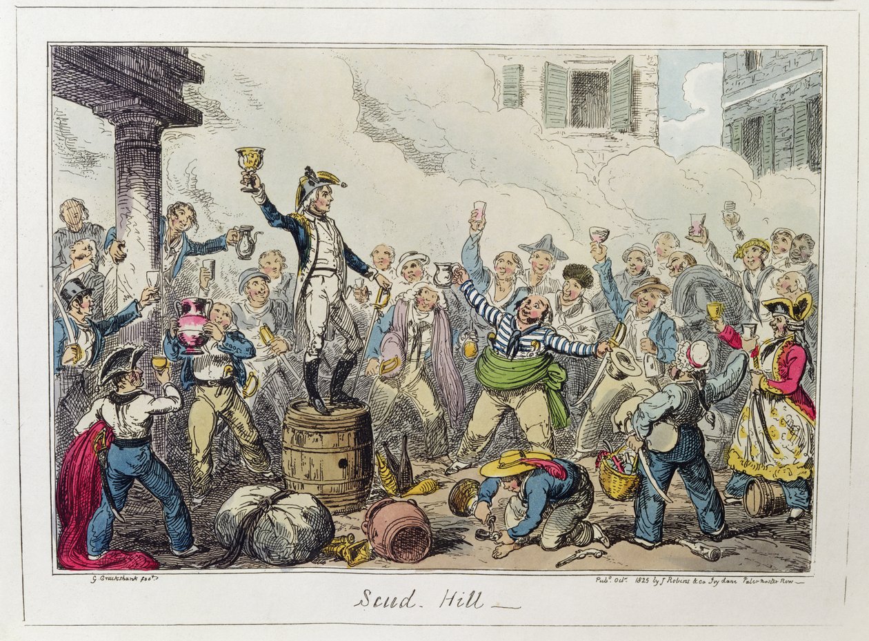 Scud Hill, utgitt av James Robins und Co., oktober 1825 (farget etsning) av George Cruikshank