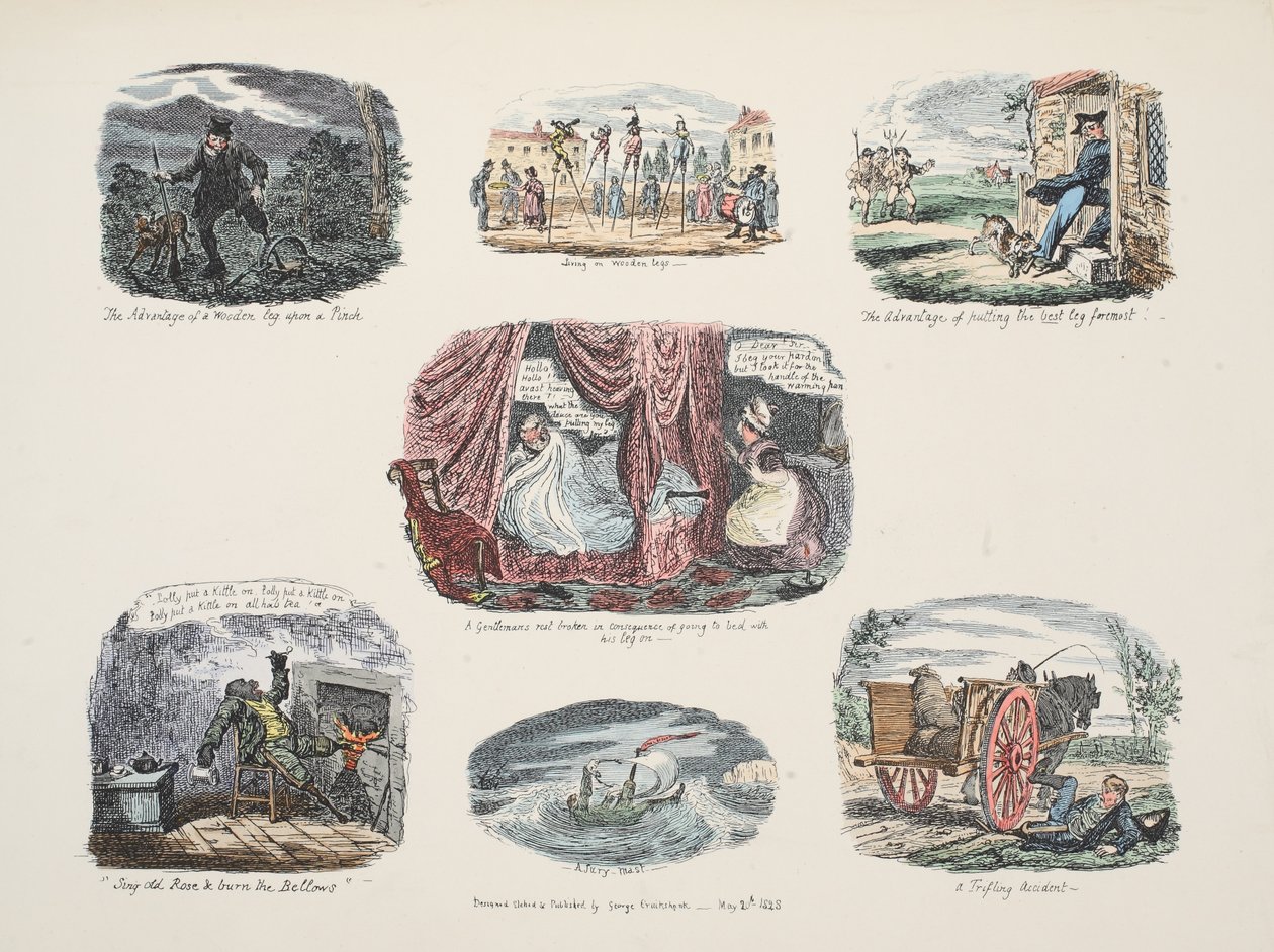 Serie med illustrasjoner om fordeler og mangler ved å ha et treben, pub. 1828 (håndfarget gravering) av George Cruikshank