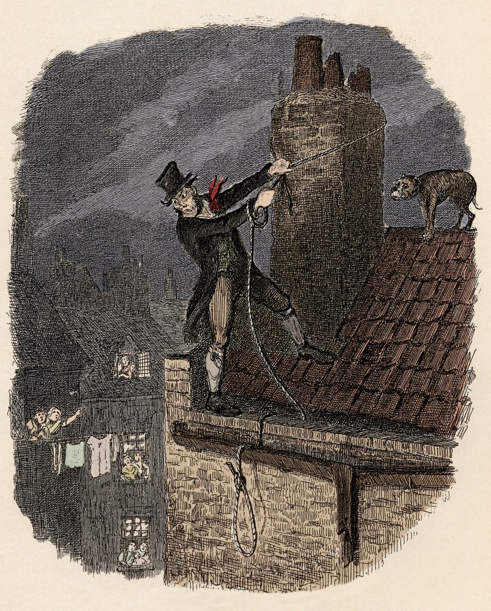 Sikes, etterfulgt av hunden hans, prøver å rømme - Den siste sjansen - Illustrasjon for "" Oliver Twist"" (Olivier) (The Adventures of Oliver Twist) av Charles Dickens (1812-1870), av George Cruikshank (1792-1878) . av George Cruikshank