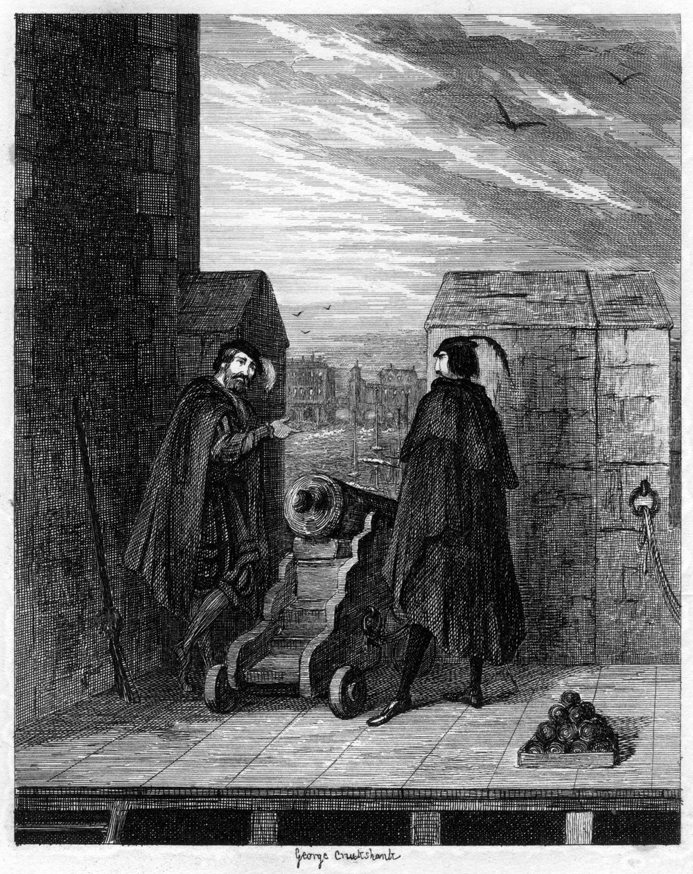 Simon Renard og Winwike vaktmesteren på taket av Det hvite tårnet, 1553 1840. av George Cruikshank