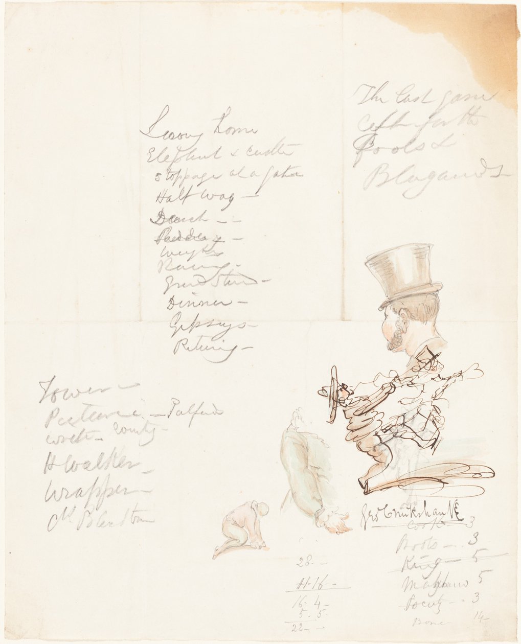 Skisser av hode, arm og knelende figur av George Cruikshank