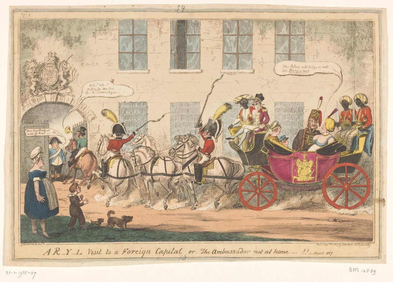 Spotprent op prinses Caroline, 1817 Et RYL-besøk i en utenlandsk hovedstad eller, ambassadøren ikke hjemme-!! (tittel på objekt) av George Cruikshank