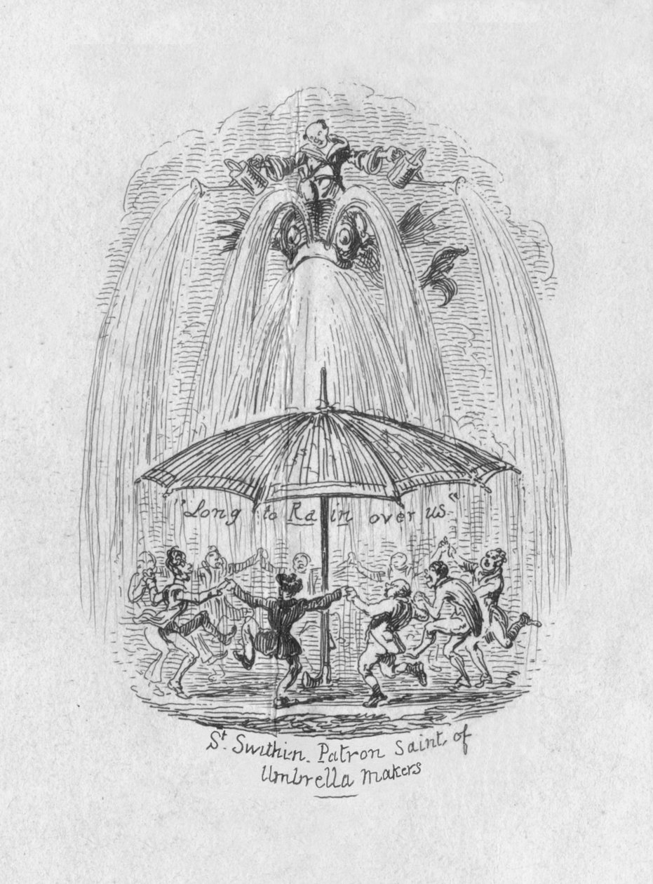 St. Swithin skytshelgen for paraplymakere, 1829 av George Cruikshank