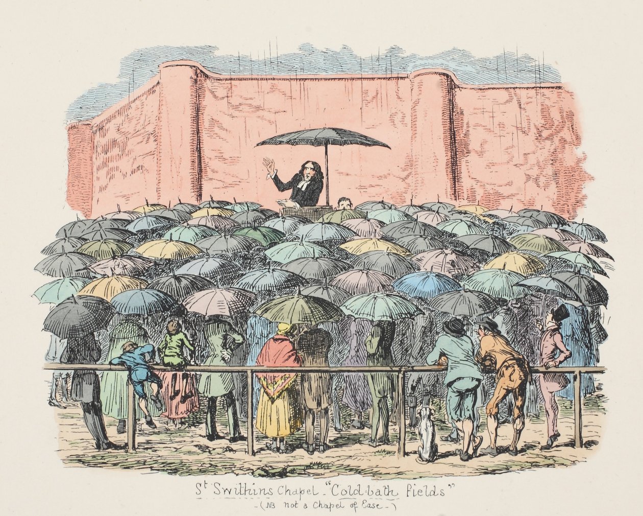 St Swithuns Chapel Cold-Bath Fields, pub. 1833 (håndfarget gravering) av George Cruikshank