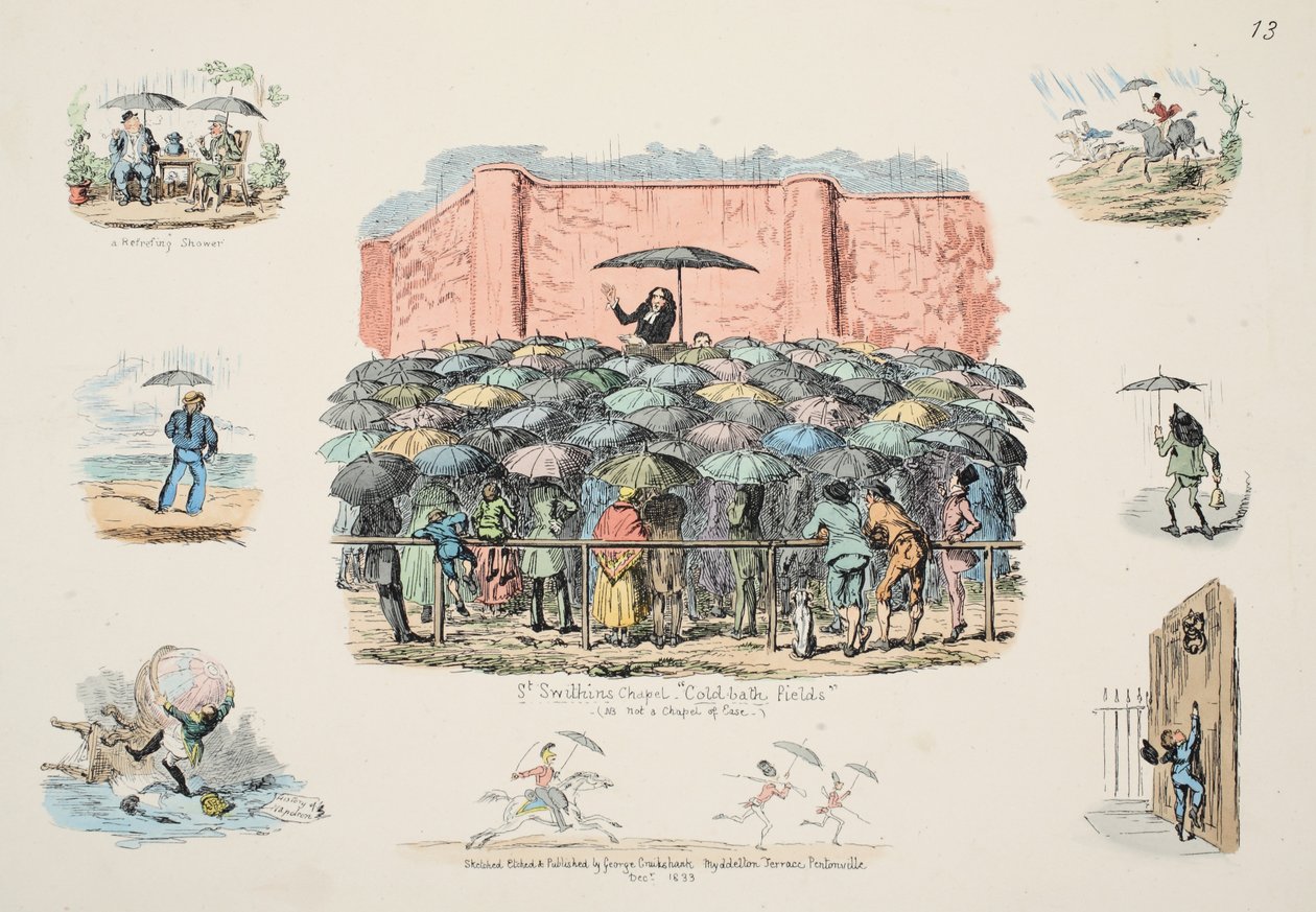 St Swithuns Chapel Cold-Bath Fields, pub. 1833 (håndfarget gravering) av George Cruikshank