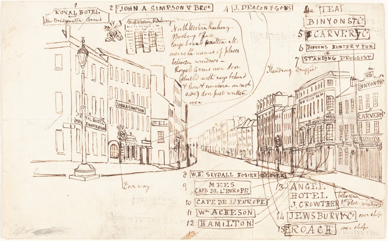 Gateperspektiv med forretningssteder merket av George Cruikshank