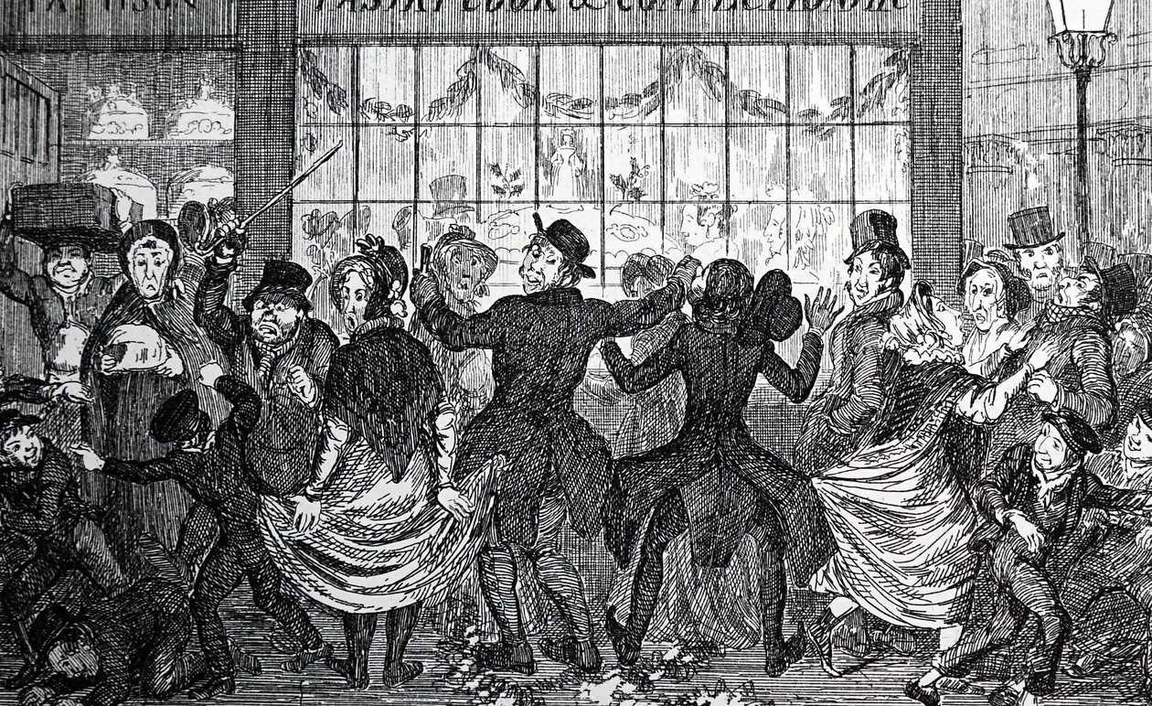 Gatekråkeboller forårsaker kaos i folkemengden utenfor en konditor- og konditorbutikk på tolvte natt av George Cruikshank