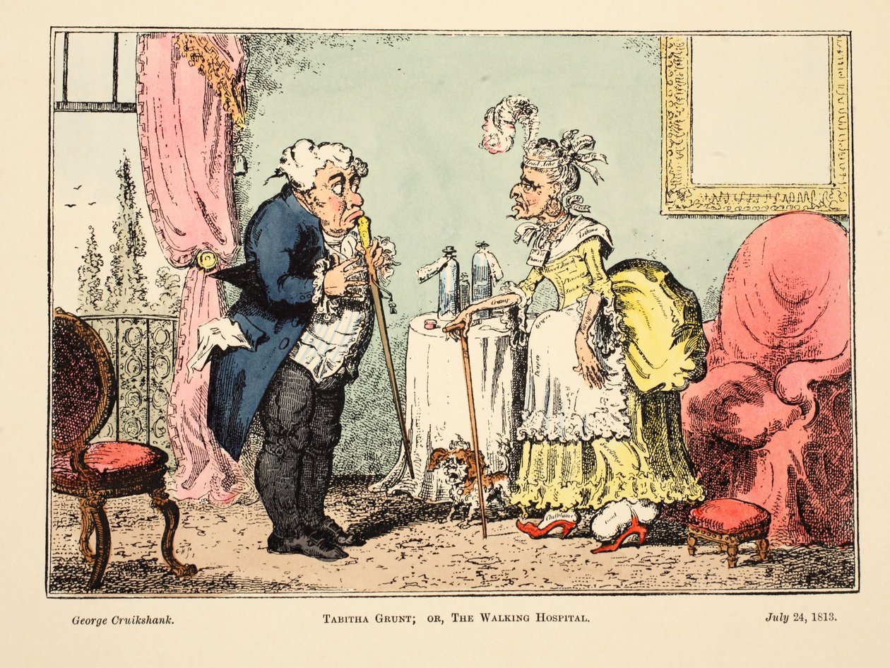 Tabitha Grunt; eller, The Walking Hospital, pub. 1813 (håndfarget gravering) av George Cruikshank