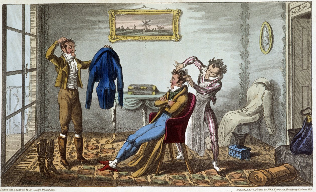Skredder og frisør hjemme - i "" Life in Paris"" av David Carey, syk. av George Cruikshank, red. Fairburn, London av George Cruikshank