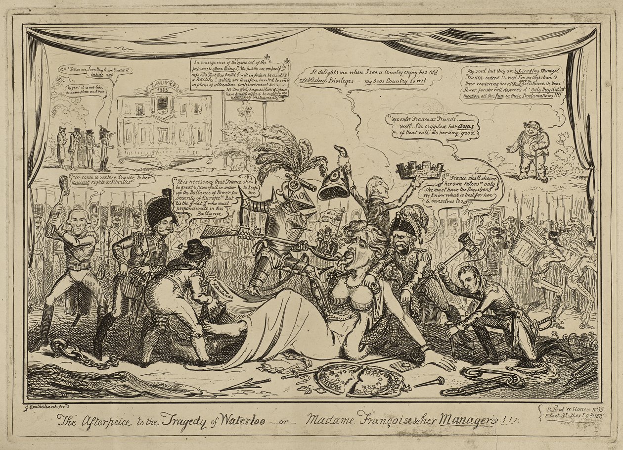 The Afterpiece (sic) to the Tragedy of Waterloo or Madame Francois and her Managers!!!, publisert 9. november av George Cruikshank