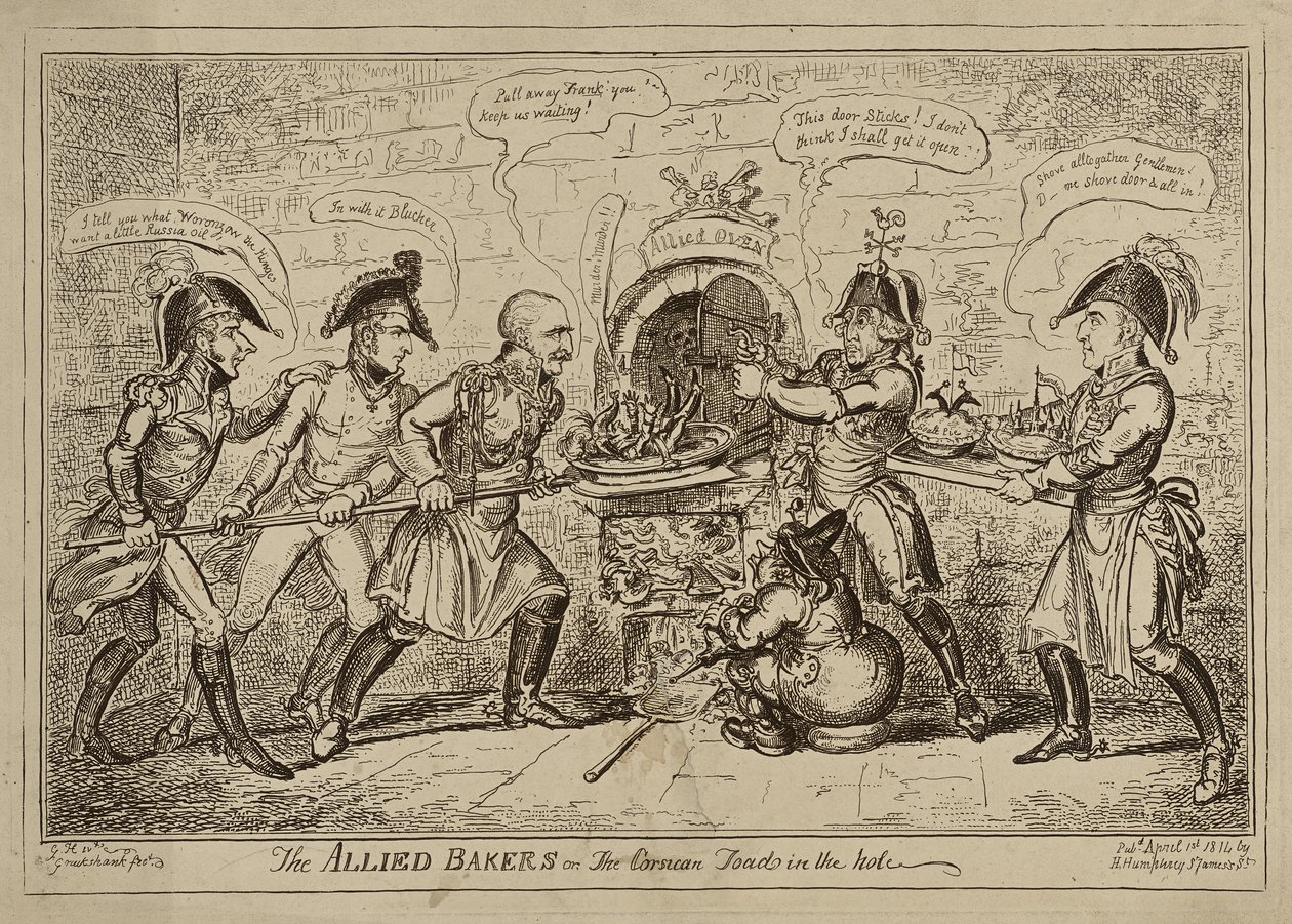 The Allied Bakers or The Corsican Toad in the Hole, publisert 1. april av George Cruikshank