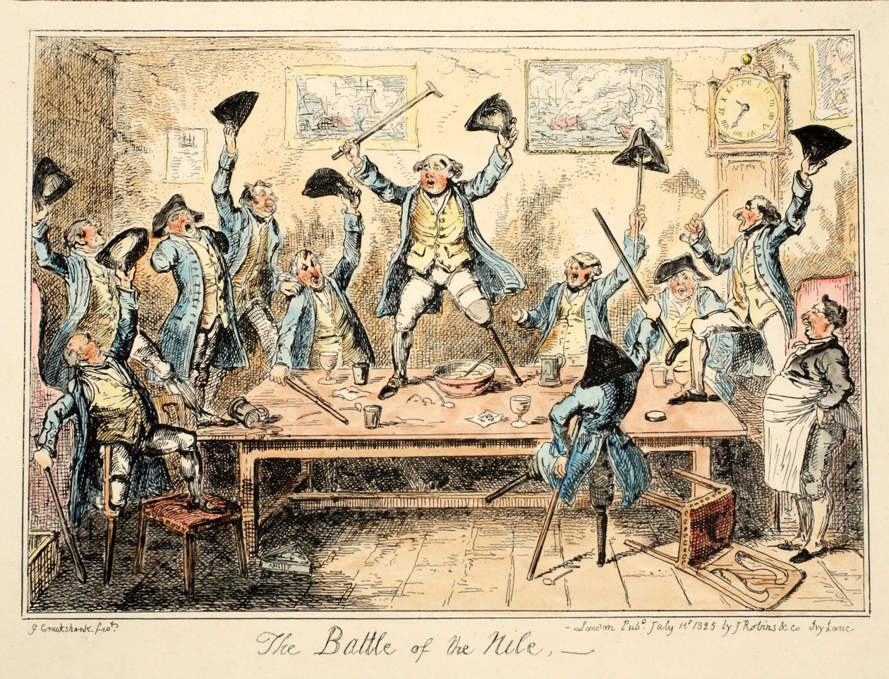 The Battle of the Nile, fra Greenwich Hospital, en serie marineskisser, Descriptive of a Life of a Man-of-Wars Man, pub. 1826 (håndfarget gravering) av George Cruikshank