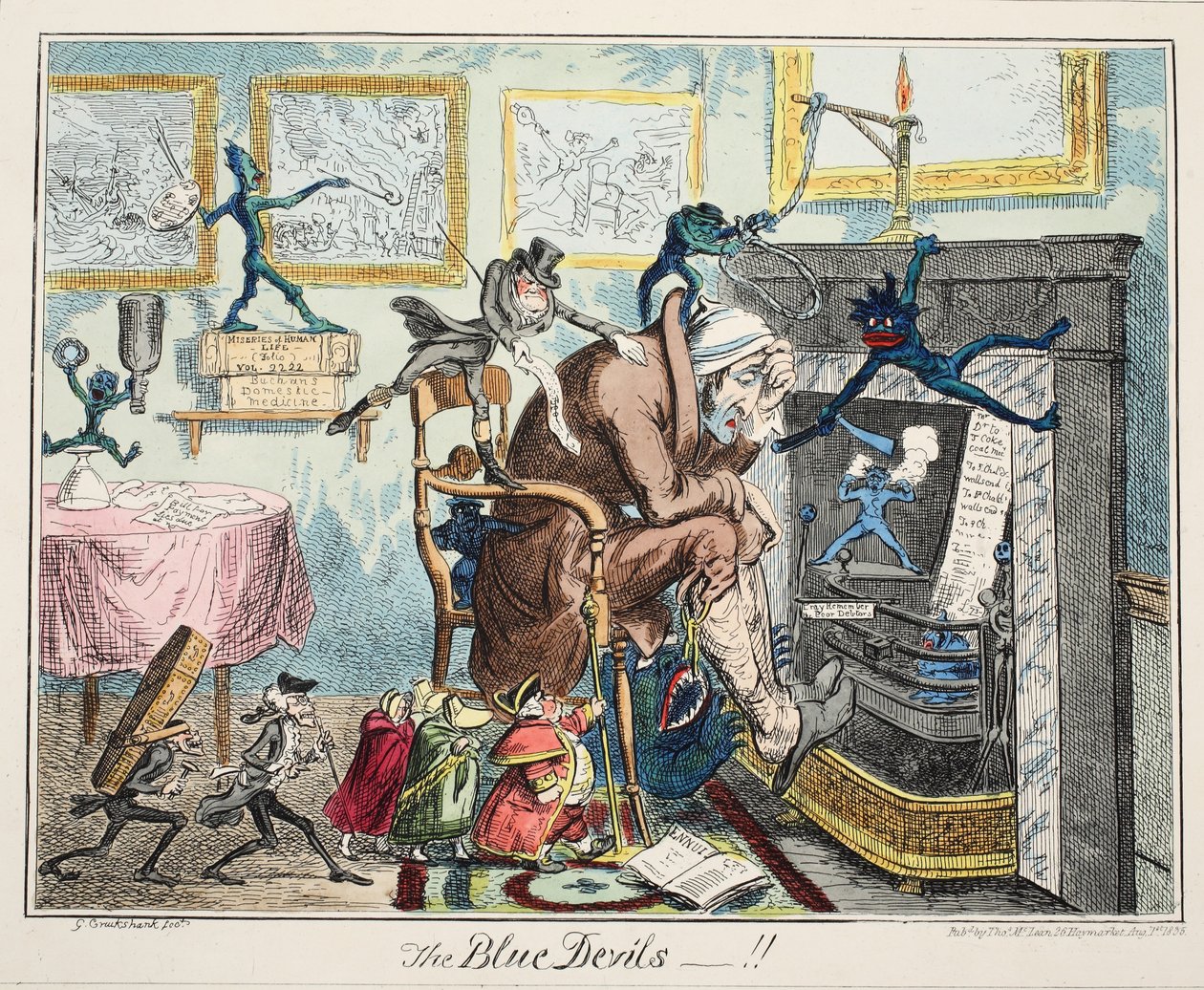 The Blue Devils, pub. 1835 (håndfarget gravering) av George Cruikshank