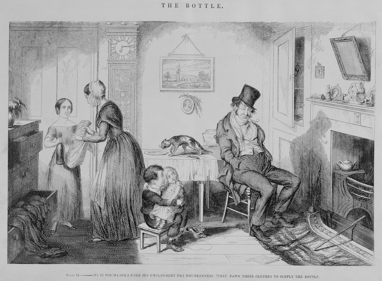 The Bottle, Plate II, Han blir utskrevet fra jobben for drukkenskap: de panter klærne sine for å levere flasken, 1847 av George Cruikshank