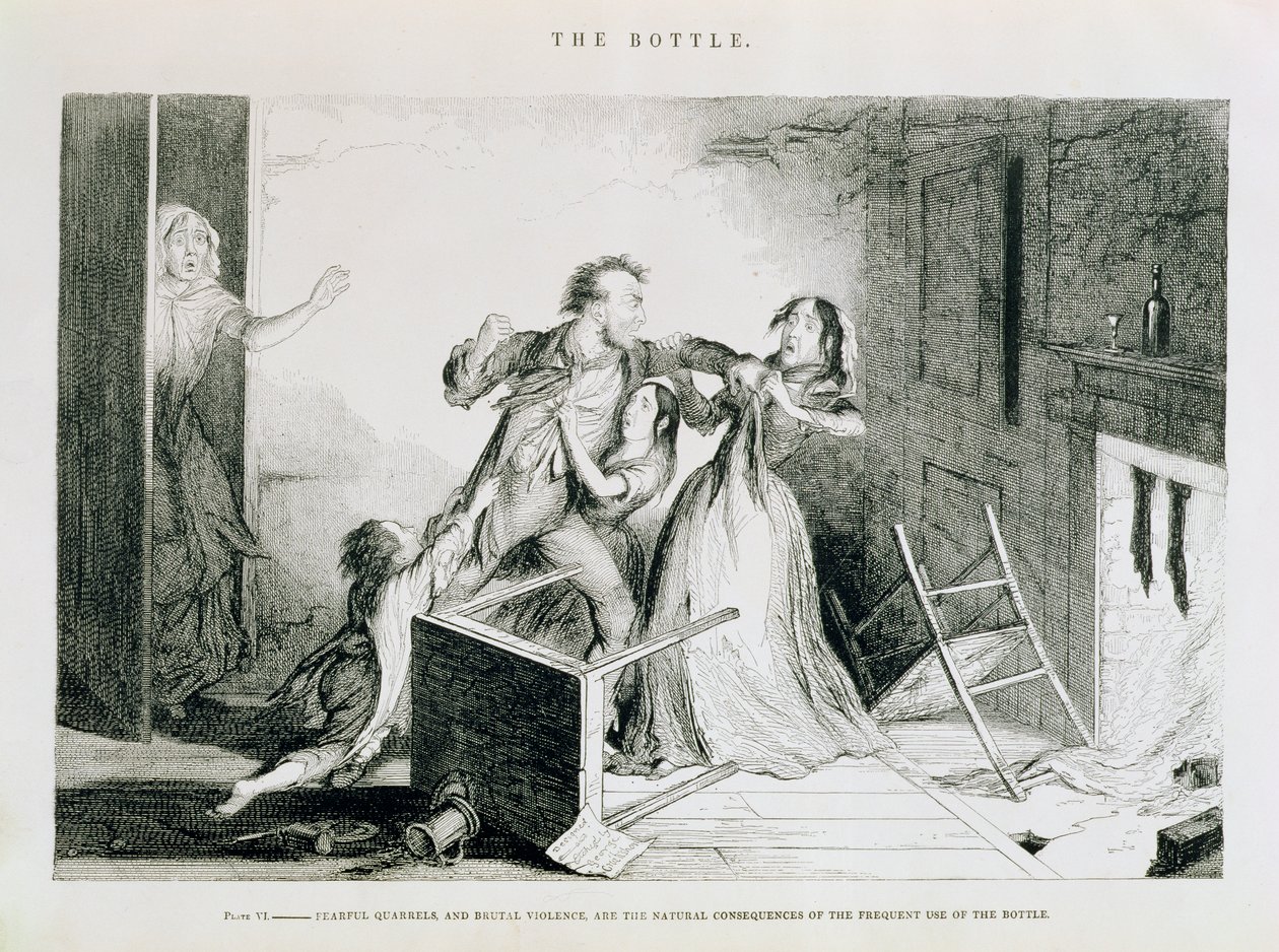 Flasken, Plate VI, Fryktelige krangel og brutal vold er de naturlige konsekvensene av hyppig bruk av flasken, 1847 av George Cruikshank