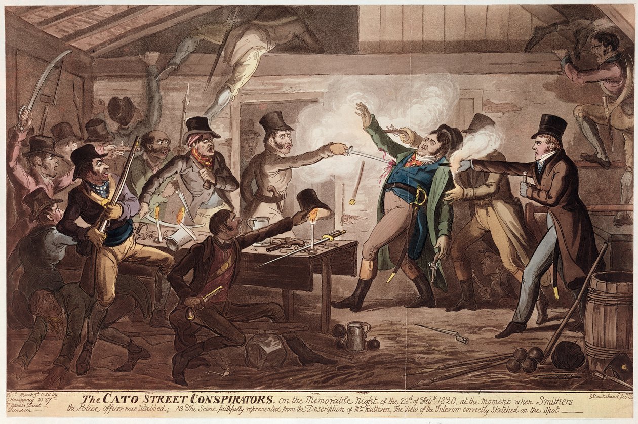 The Cato Street Conspirators, pub. av G. Humphrey, 9. mars 1820 (farget lito) av George Cruikshank