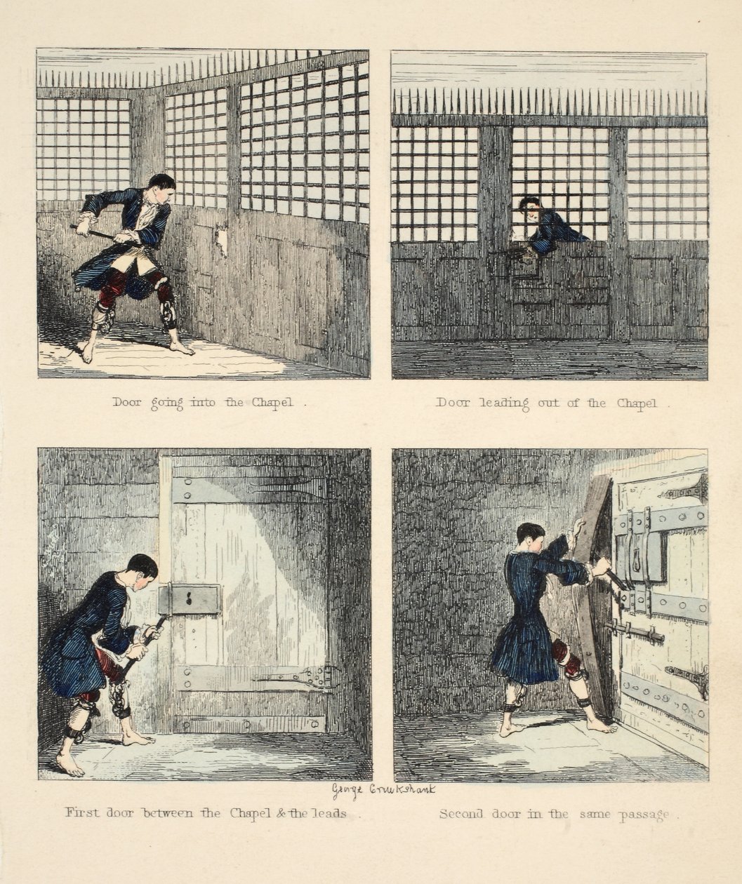 The Escape No. 2, illustrasjon fra Jack Sheppard: A Romance av William Harrison Ainsworth, pub. 1839 (håndfarget gravering) av George Cruikshank