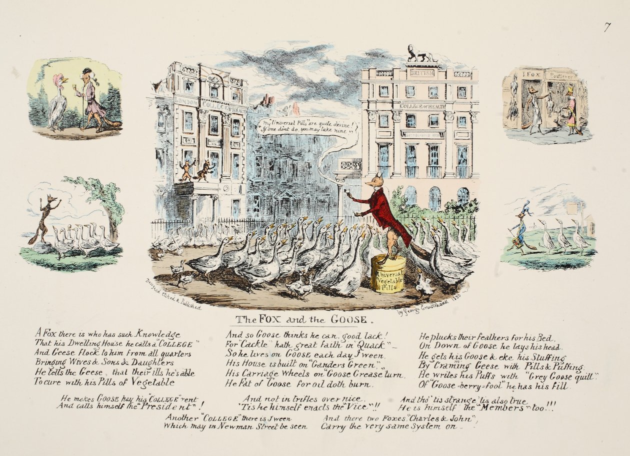 The Fox and the Goose, pub. 1833 (håndfarget gravering) av George Cruikshank