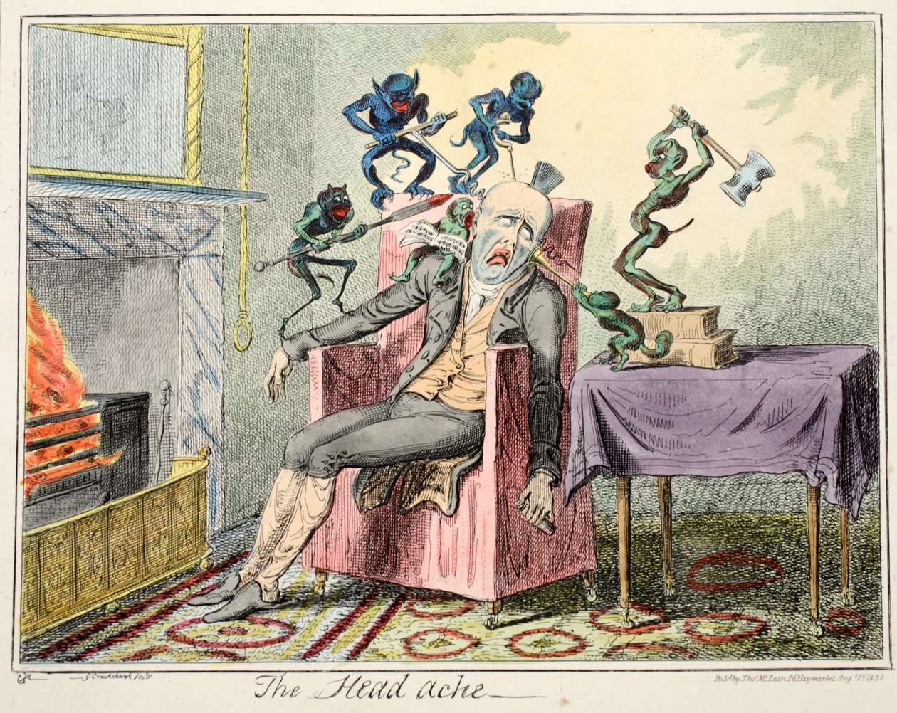 The Head Ache, pub. 1835 (håndfarget gravering) av George Cruikshank