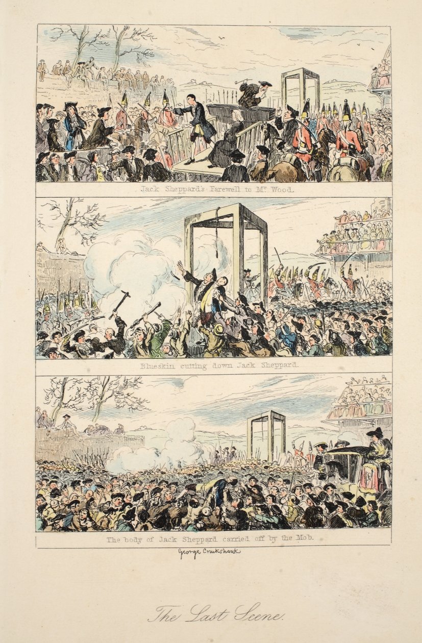 The Last Scene, illustrasjon fra 'Jack Sheppard: A Romance' av William Harrison Ainsworth, utgitt 1839 (håndfarget etsning) av George Cruikshank